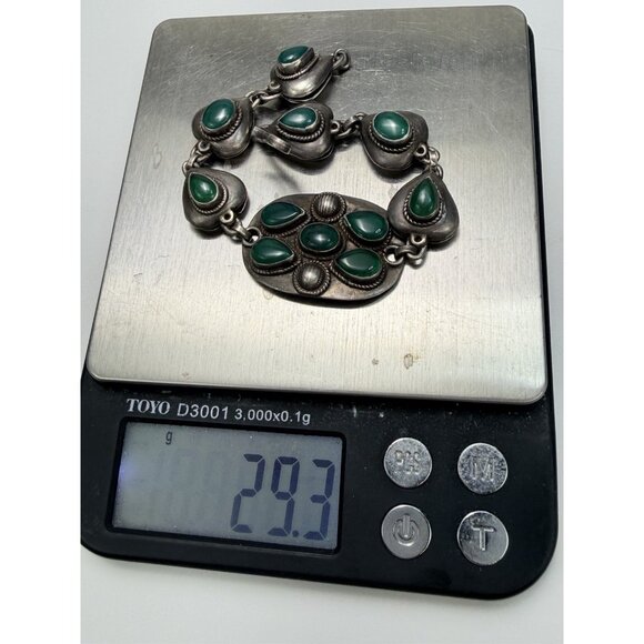 Vintage Sterling Silver Green Chalcedony Bracelet 7.5” Mexican Art Deco Style - Picture 12 of 14
